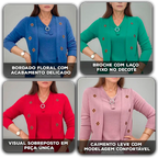 [COMPRE 1 E LEVE 2] Blusinha Cardigan Cécile™ com Efeito Sobreposto e Aplique Floral / Elegância Francesa para Mulheres de Bom Gosto!