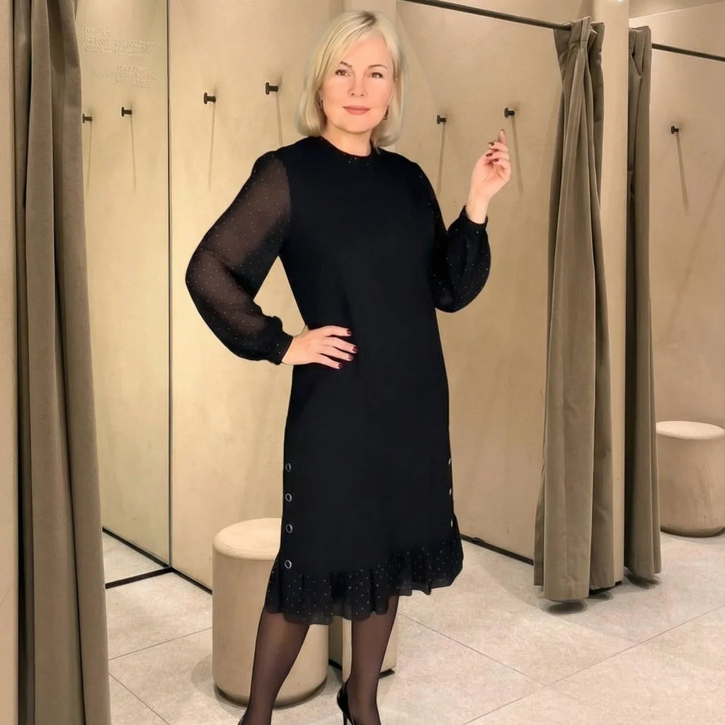 Vestido Madame Elisa™ com Mangas Longas Translúcidas e Detalhes Delicados / Elegância Clássica que Nunca Sai de Cena!
