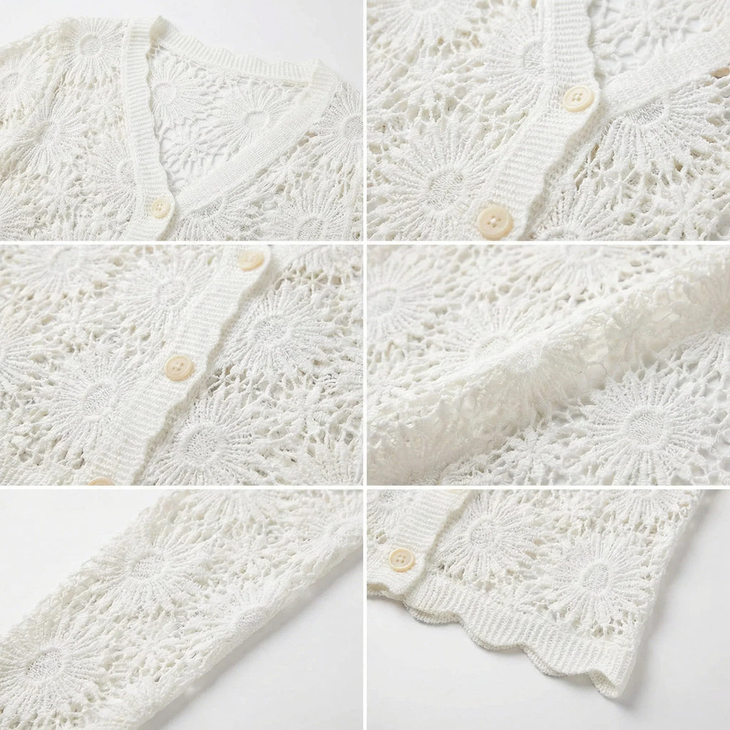 Cardigan Charlotte™ em Crochê Floral com Acabamento Artesanal Refinado