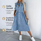 Vestido Antonelly™ em Jeans Leve com Cintura Marcada e Botões Frontais