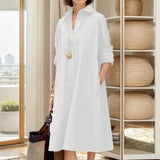 Vestido Manhatam™ em Popelina com Gola Camisaria e Modelagem Evasê / Elegância Urbana com Leveza e Personalidade em Cada Movimento!