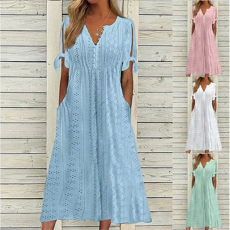 Vestido Mirielle™ com Bordado Artesanal Delicado e Mangas Laço / O Look Perfeito para Dias de Sol e Leveza!