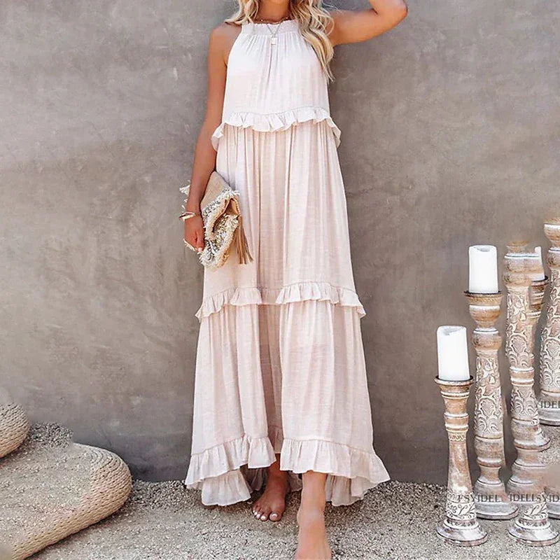 Vestido Brisa Costeira™ em Viscose Leve com Babados Evasê / Leveza e Sofisticação para Viver Seus Dias com Estilo!