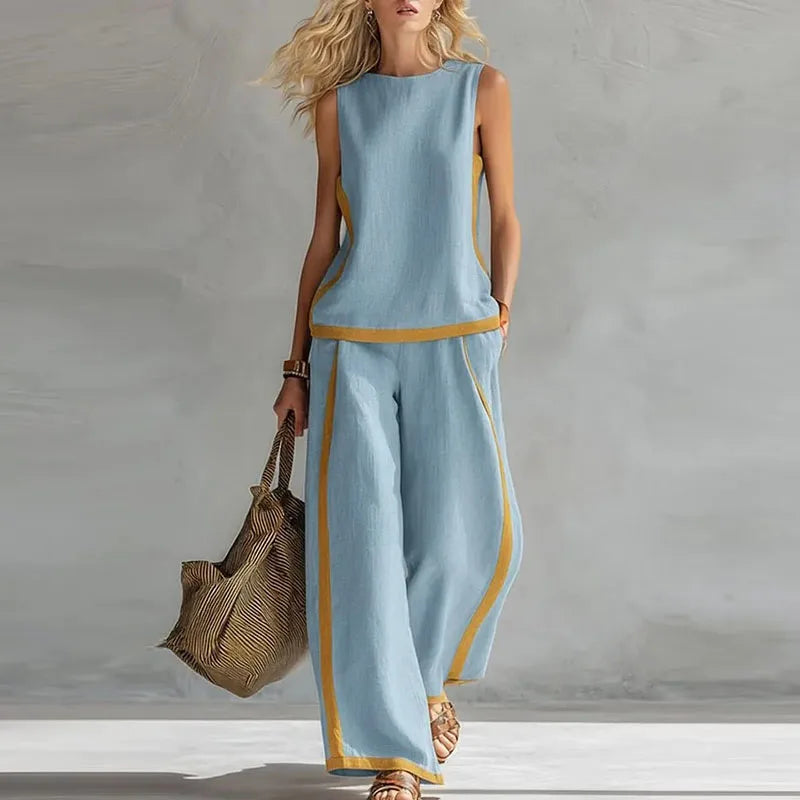 Conjunto Lissara™ com Blusa Minimalista e Pantalona com Linhas Alongadoras