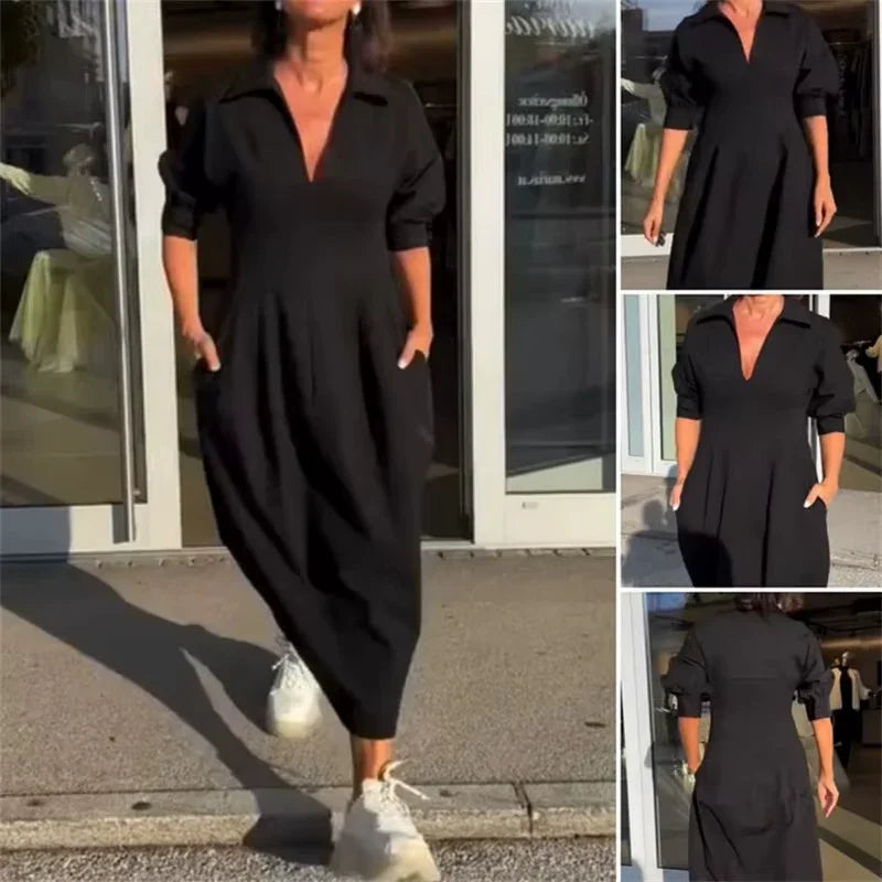 Vestido Alencar™ com Decote Chemise e Corte Midi Estruturado / Onde o Minimalismo se Encontra Com a Elegância Urbana!