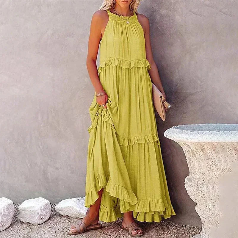 Vestido Brisa Costeira™ em Viscose Leve com Babados Evasê / Leveza e Sofisticação para Viver Seus Dias com Estilo!