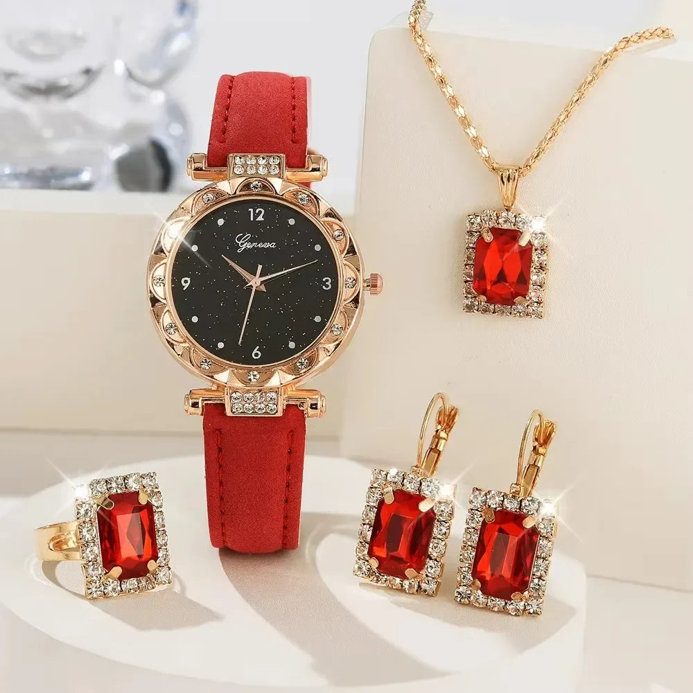 [COMPRE 1, LEVE 3] Conjunto 4 em 1 com Relógio e Joias Cravejadas Royale Noir™/ Luxo Intenso e Elegância Atemporal!