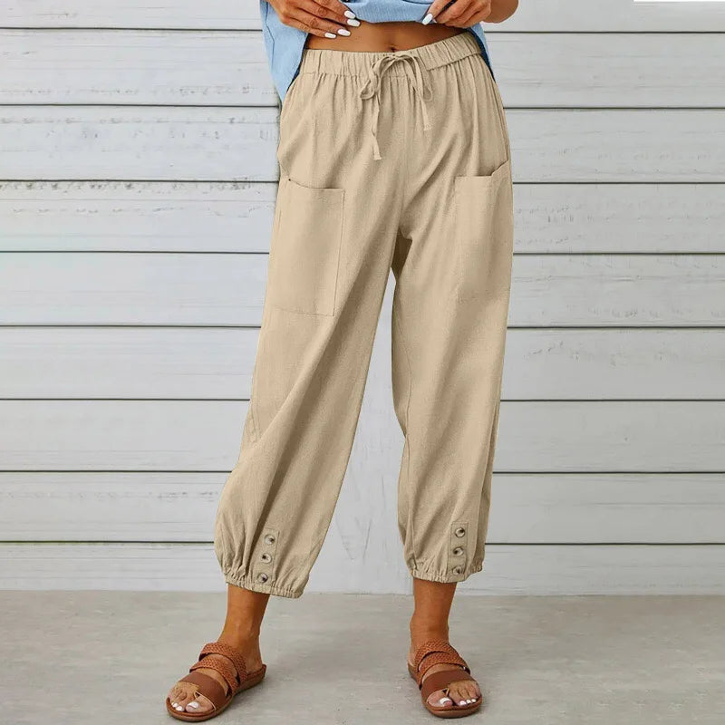 Calça Kobe™ em Linho de Algodão com Bolsos Frontais e Cordão Ajustável