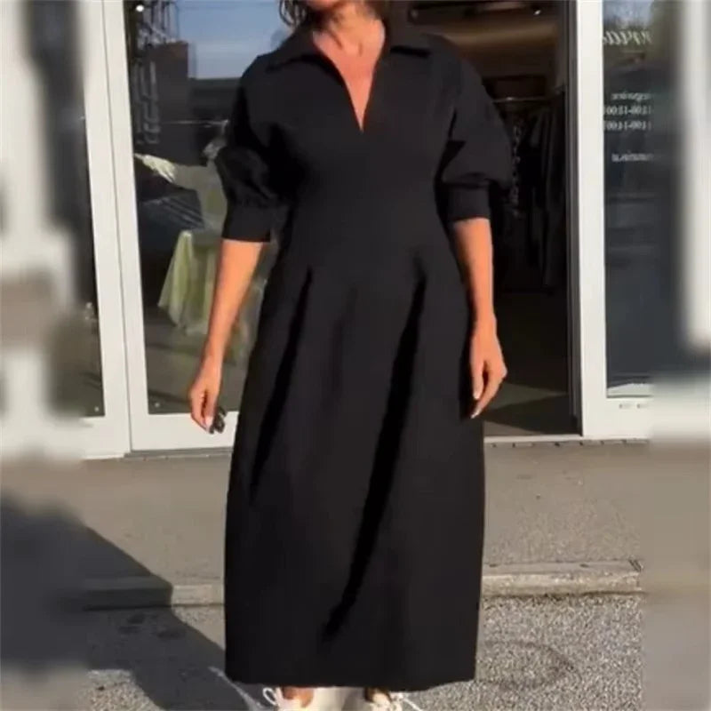 Vestido Alencar™ com Decote Chemise e Corte Midi Estruturado / Onde o Minimalismo se Encontra Com a Elegância Urbana!