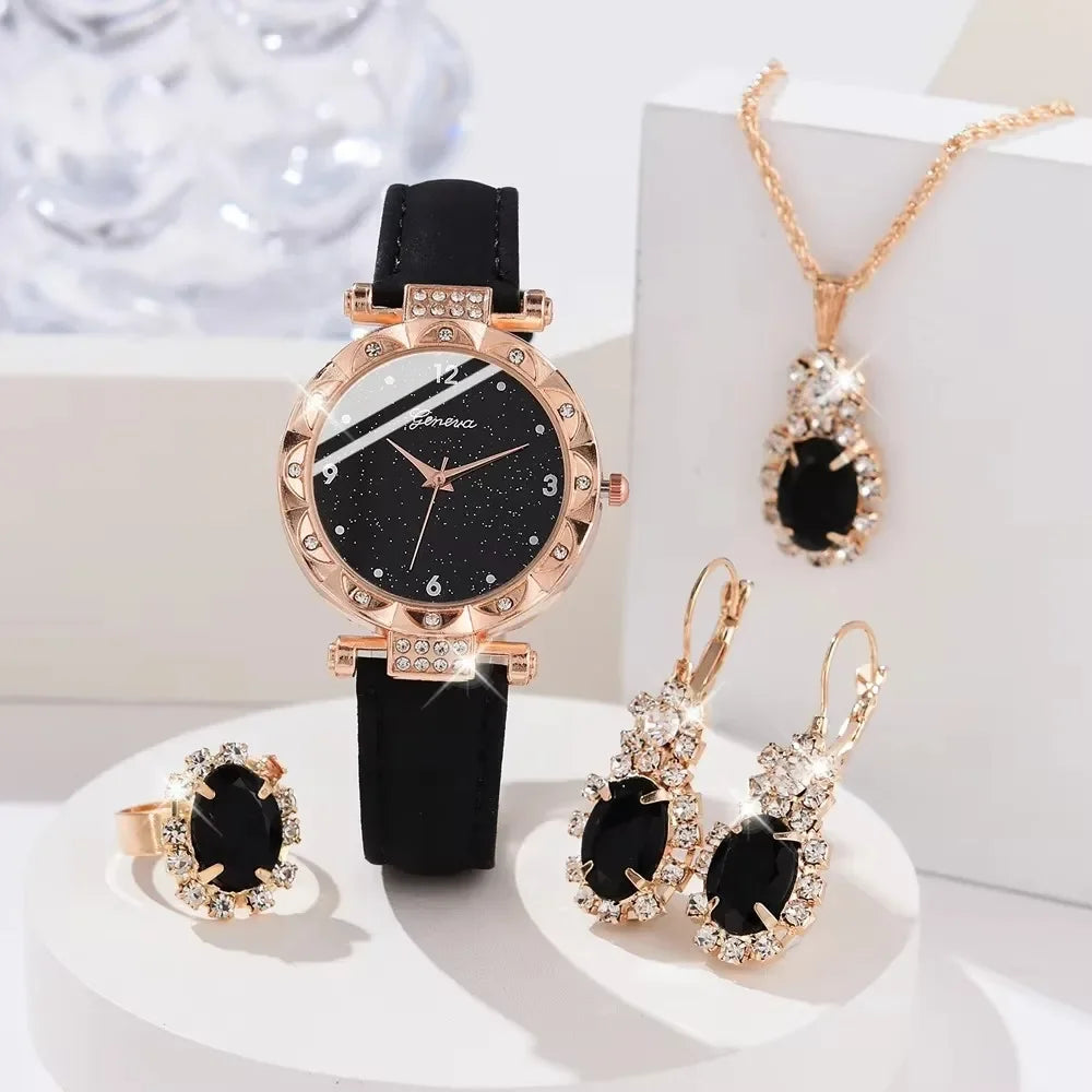 [COMPRE 1, LEVE 3] Conjunto 4 em 1 com Relógio e Joias Cravejadas Royale Noir™/ Luxo Intenso e Elegância Atemporal!