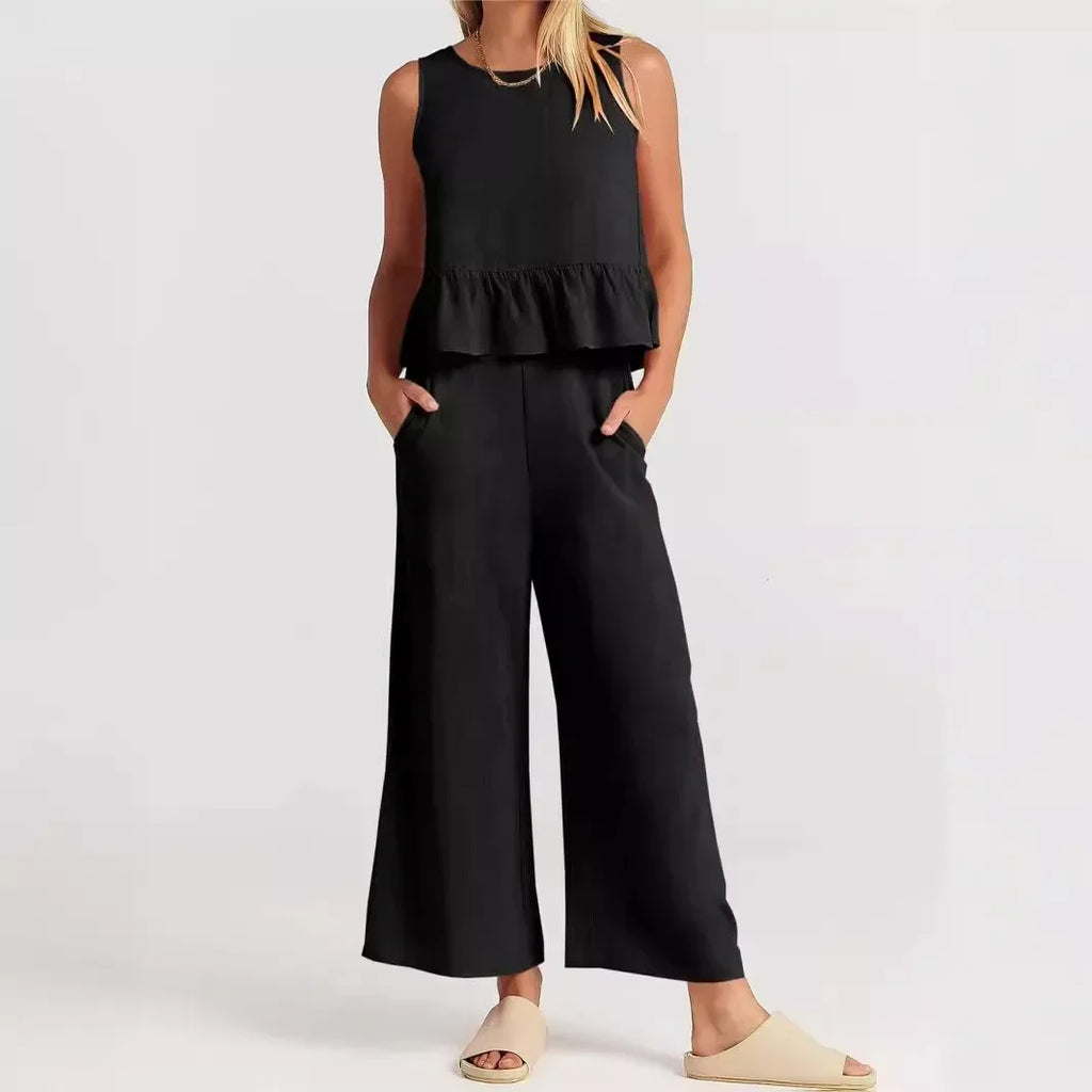 Conjunto Agatha™ Em Linho Misto com Babados / Minimalismo Elegante para Mulheres de Estilo!