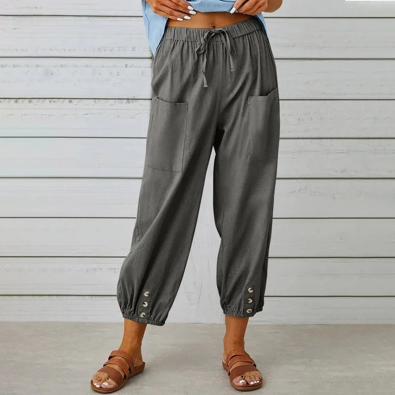 Calça Kobe™ em Linho de Algodão com Bolsos Frontais e Cordão Ajustável