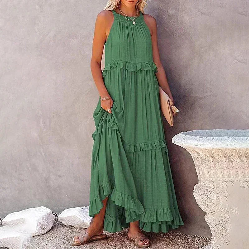 Vestido Brisa Costeira™ em Viscose Leve com Babados Evasê / Leveza e Sofisticação para Viver Seus Dias com Estilo!