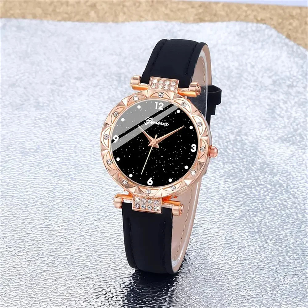 [COMPRE 1, LEVE 3] Conjunto 4 em 1 com Relógio e Joias Cravejadas Royale Noir™/ Luxo Intenso e Elegância Atemporal!