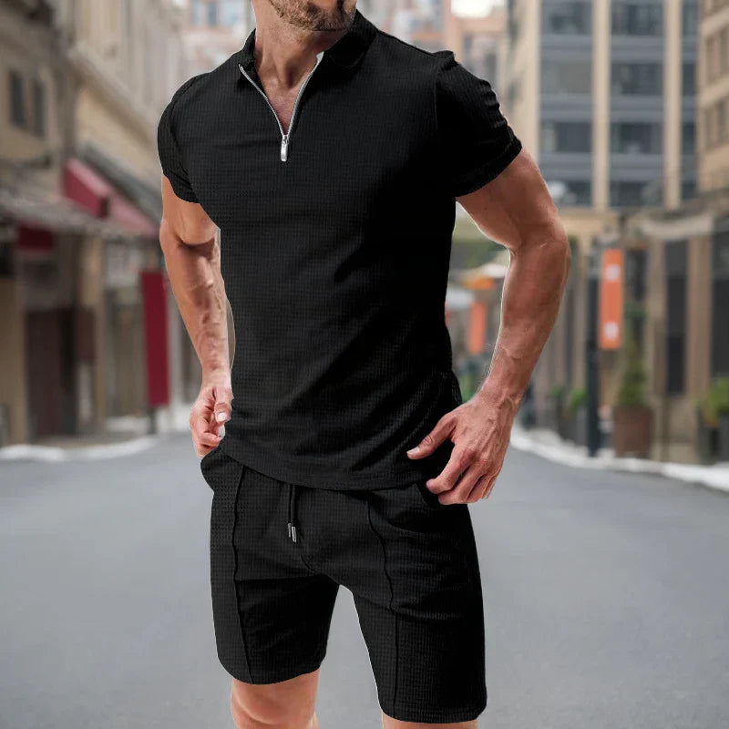 Conjunto Pietro™ em Malha Texturizada Premium com Camisa Gola Polo de Zíper