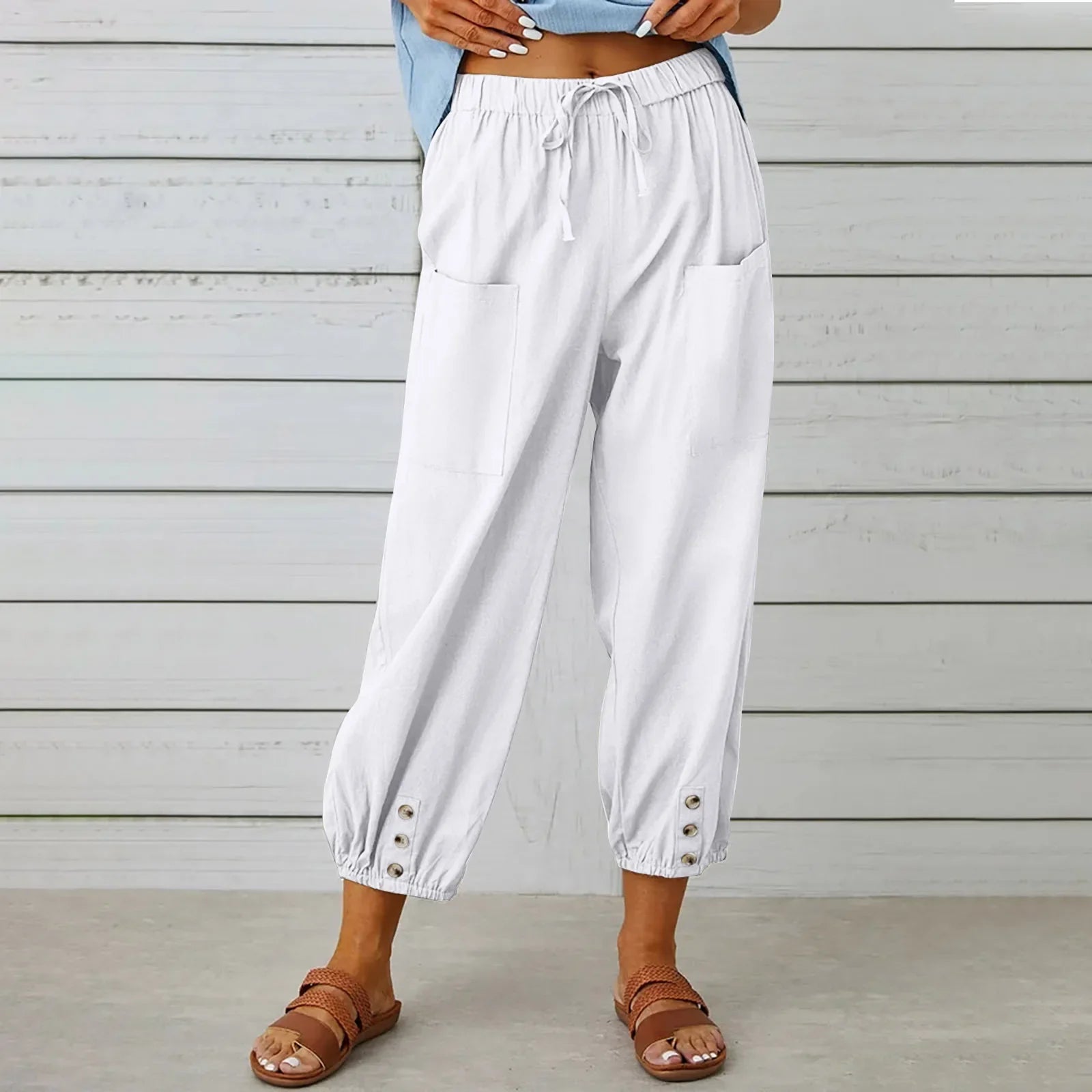 Calça Kobe™ em Linho de Algodão com Bolsos Frontais e Cordão Ajustável