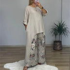 Conjunto Botanique™ com Blusa Assimétrica Longa e Calça Pantalona Floral / Estilo Artístico com um Corte Impecável!