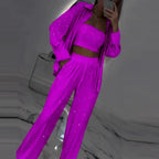 Conjunto Midnight™ com Pantalona, Top e Camisa Brilhante / O Glamour Moderno em Movimento!