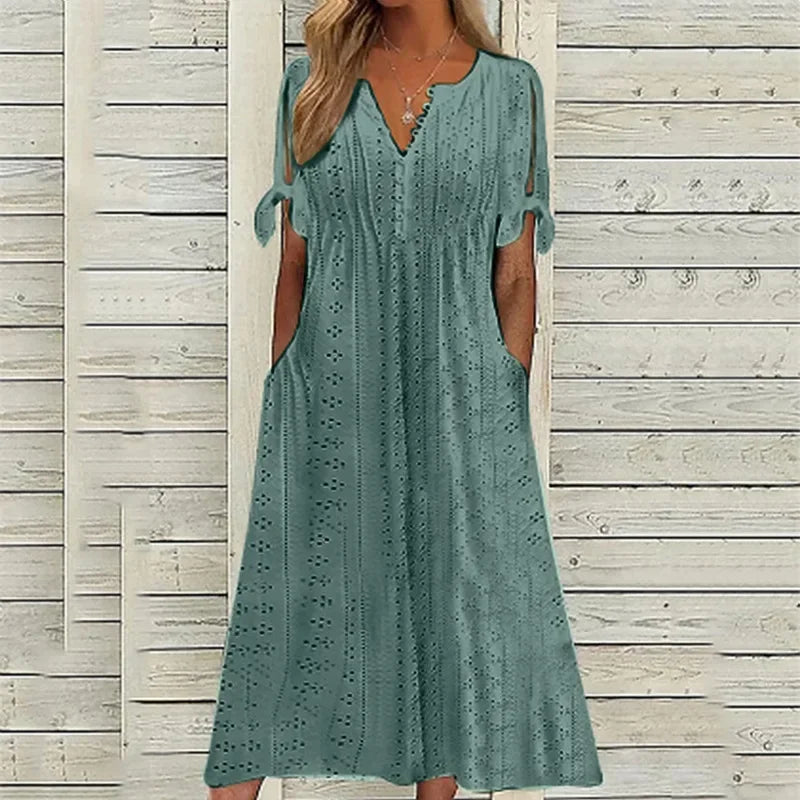 Vestido Mirielle™ com Bordado Artesanal Delicado e Mangas Laço / O Look Perfeito para Dias de Sol e Leveza!