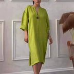 Vestido Copacabana™ em Linho de Algodão com Modelagem Solta / Elegância Tropical com Toque de Sofisticação Carioca!