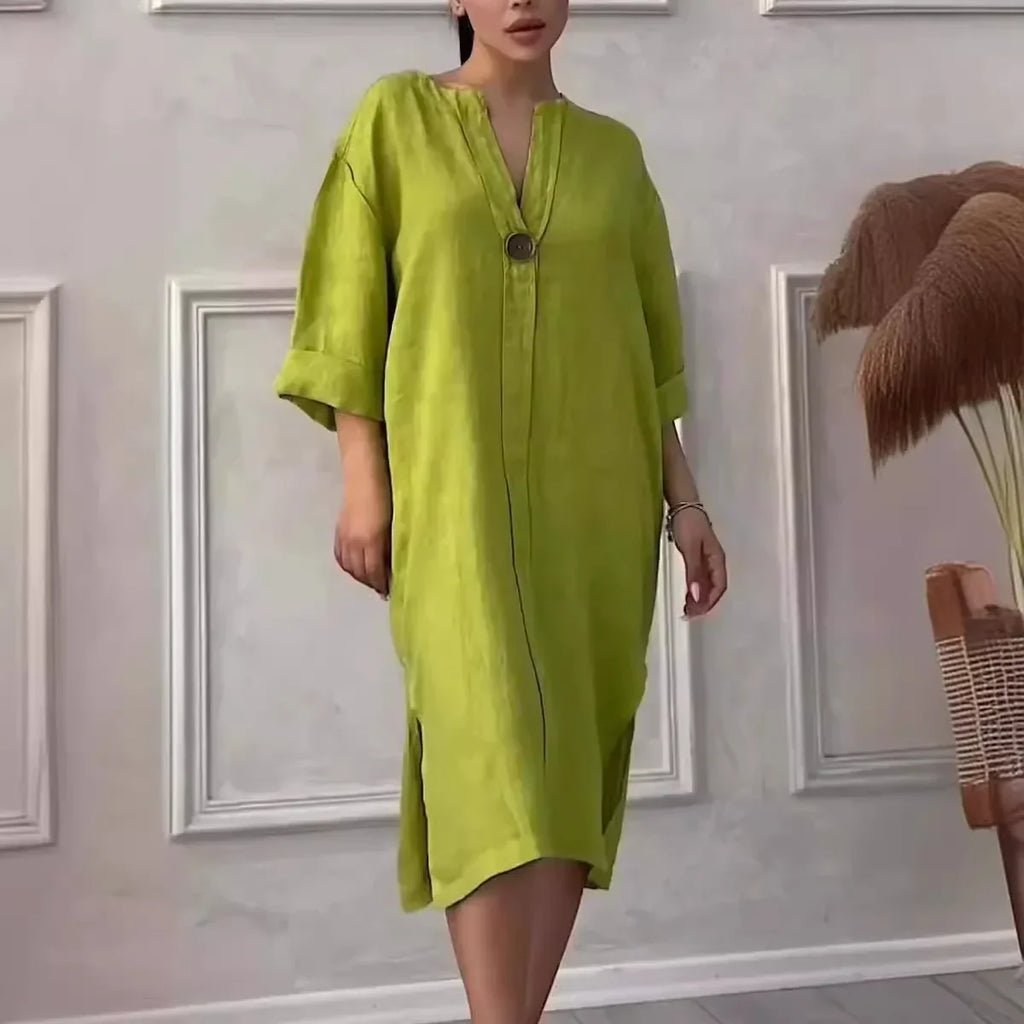 Vestido Copacabana™ em Linho de Algodão com Modelagem Solta / Elegância Tropical com Toque de Sofisticação Carioca!