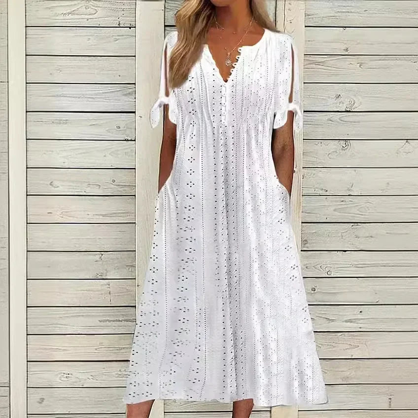 Vestido Mirielle™ com Bordado Artesanal Delicado e Mangas Laço / O Look Perfeito para Dias de Sol e Leveza!