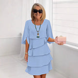 Vestido Midi Lara™ Saia em Camadas com Babados e Manga 3/4 Evasê com Fenda