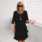 Vestido Midi Lara™ Saia em Camadas com Babados e Manga 3/4 Evasê com Fenda