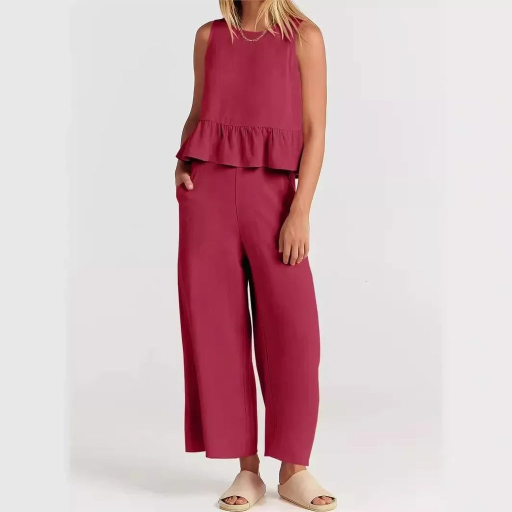 Conjunto Agatha™ Em Linho Misto com Babados / Minimalismo Elegante para Mulheres de Estilo!