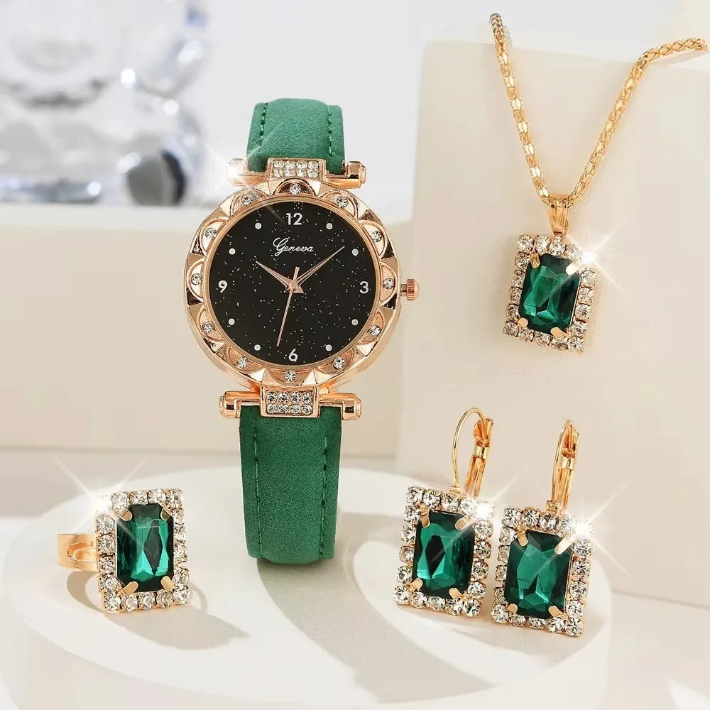 [COMPRE 1, LEVE 3] Conjunto 4 em 1 com Relógio e Joias Cravejadas Royale Noir™/ Luxo Intenso e Elegância Atemporal!