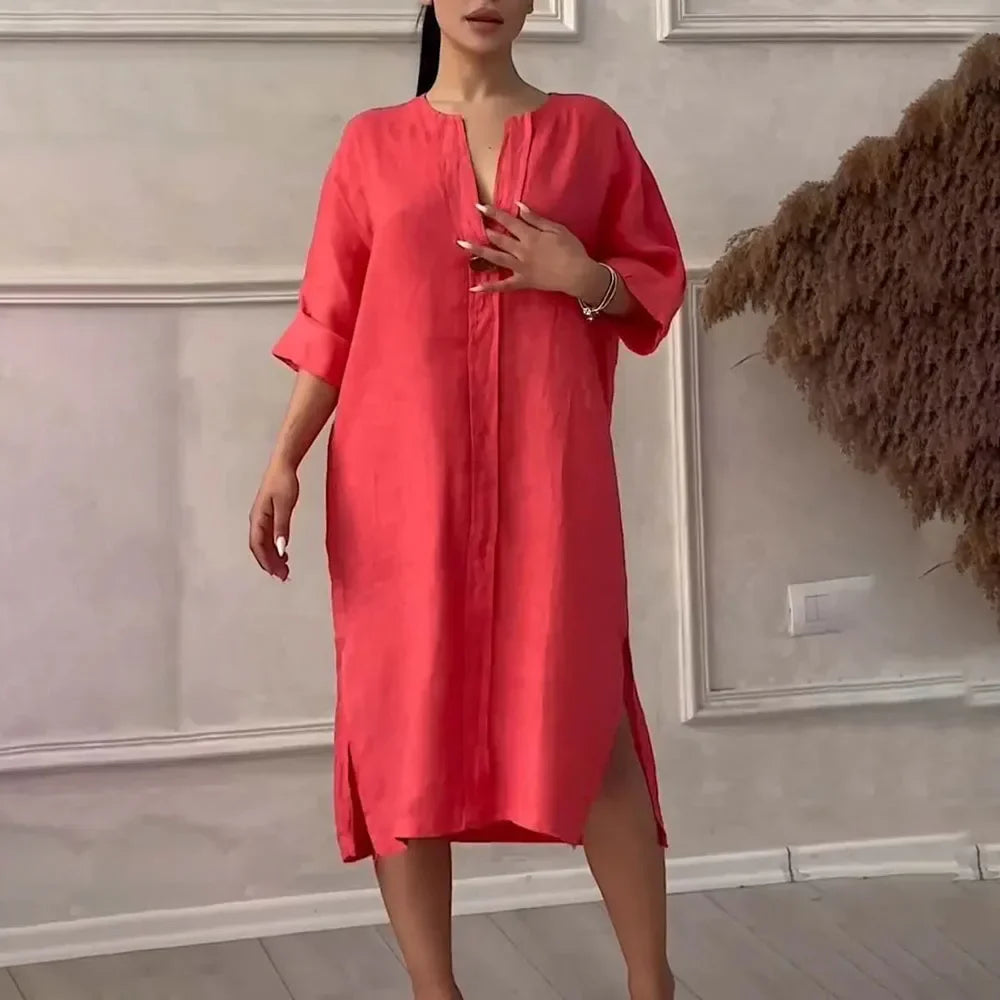Vestido Copacabana™ em Linho de Algodão com Modelagem Solta / Elegância Tropical com Toque de Sofisticação Carioca!