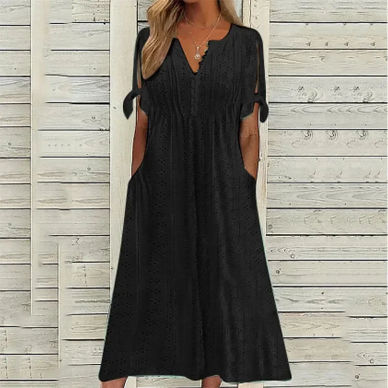 Vestido Mirielle™ com Bordado Artesanal Delicado e Mangas Laço / O Look Perfeito para Dias de Sol e Leveza!