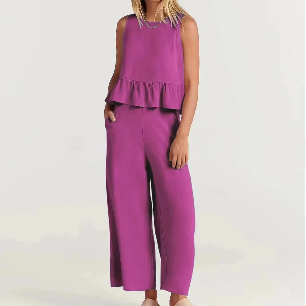 Conjunto Agatha™ Em Linho Misto com Babados / Minimalismo Elegante para Mulheres de Estilo!