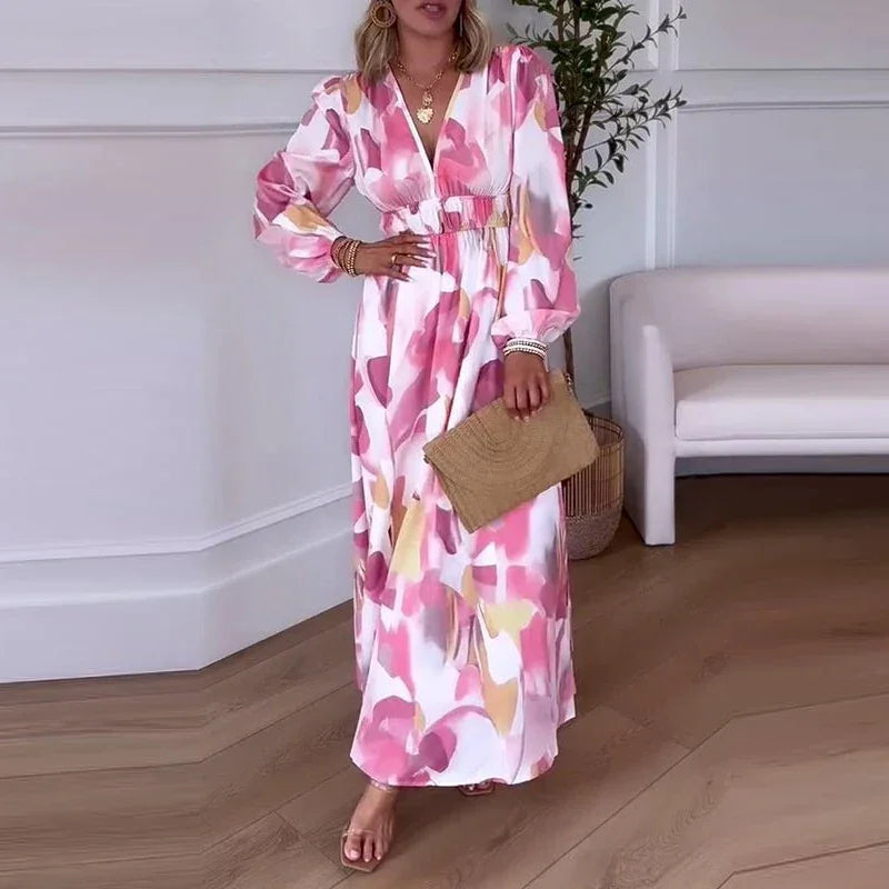 Vestido Fiorenza™ em Viscose Acetinada com Mangas Bufantes  / Leveza, Cor e Feminilidade em Cada Movimento!