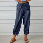 Calça Kobe™ em Linho de Algodão com Bolsos Frontais e Cordão Ajustável