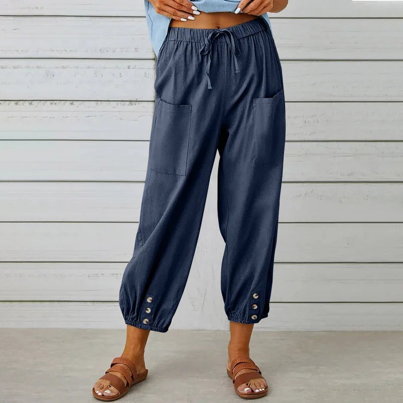 Calça Kobe™ em Linho de Algodão com Bolsos Frontais e Cordão Ajustável