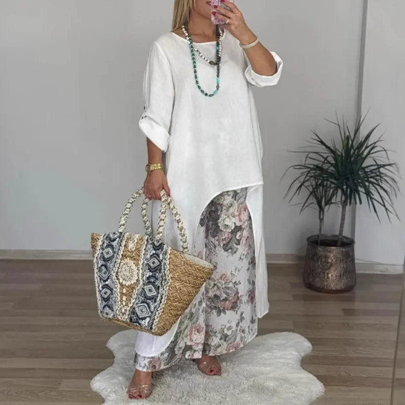Conjunto Botanique™ com Blusa Assimétrica Longa e Calça Pantalona Floral / Estilo Artístico com um Corte Impecável!