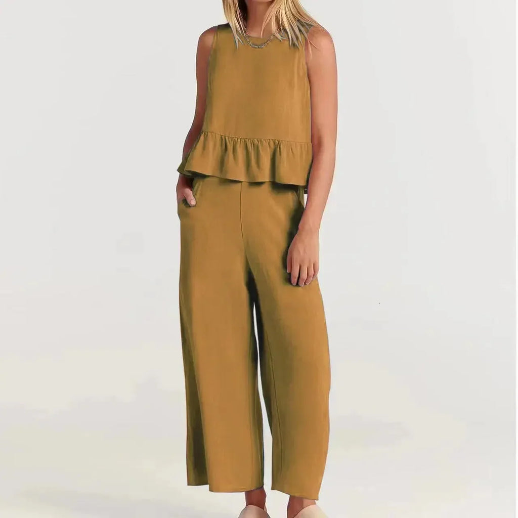 Conjunto Agatha™ Em Linho Misto com Babados / Minimalismo Elegante para Mulheres de Estilo!