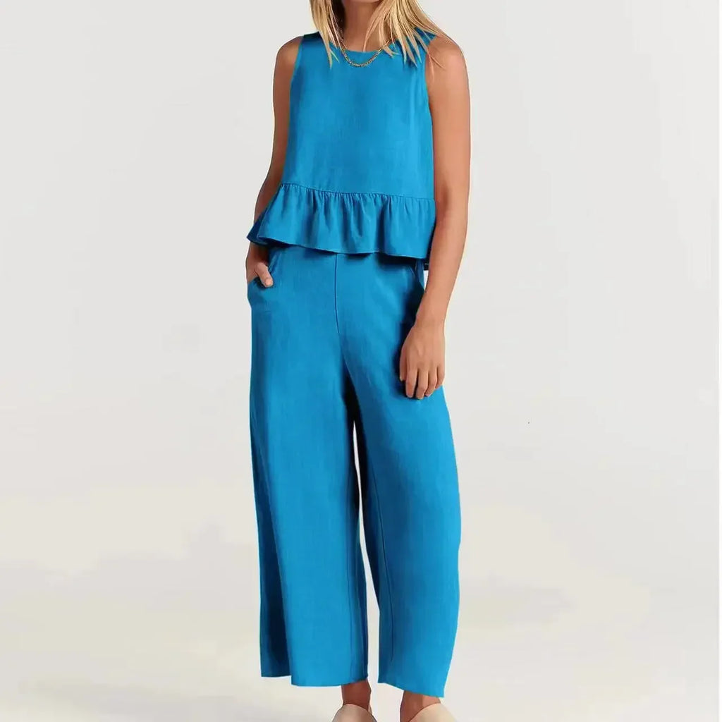 Conjunto Agatha™ Em Linho Misto com Babados / Minimalismo Elegante para Mulheres de Estilo!