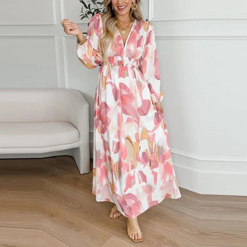 Vestido Fiorenza™ em Viscose Acetinada com Mangas Bufantes  / Leveza, Cor e Feminilidade em Cada Movimento!