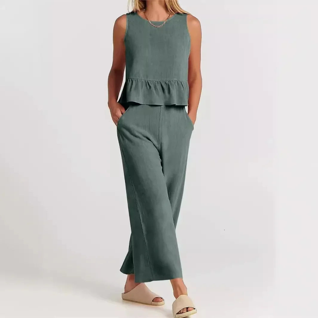 Conjunto Agatha™ Em Linho Misto com Babados / Minimalismo Elegante para Mulheres de Estilo!