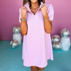 Vestido Lisiane™ com Textura em Relevo e Gola Polo Sofisticada / Estilo Moderno com Feminilidade Brasileira!