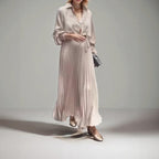 Vestido Lorayne™ em Cetim Plissado  e Gola Chemise / Para Mulheres que Encantam com Sofisticação!