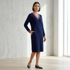Vestido Midi Freya™ com Decote V Contrastante e Bolsos Estilo Sport Chic