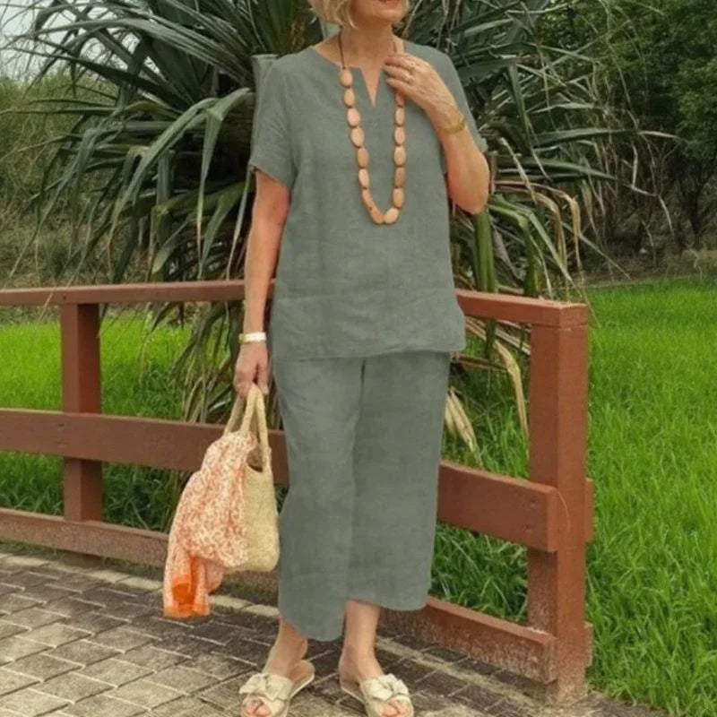 Conjunto Emma™ em Linho de Algodão e Decote em V com Fenda