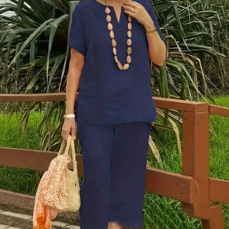 Conjunto Emma™ em Linho de Algodão e Decote em V com Fenda