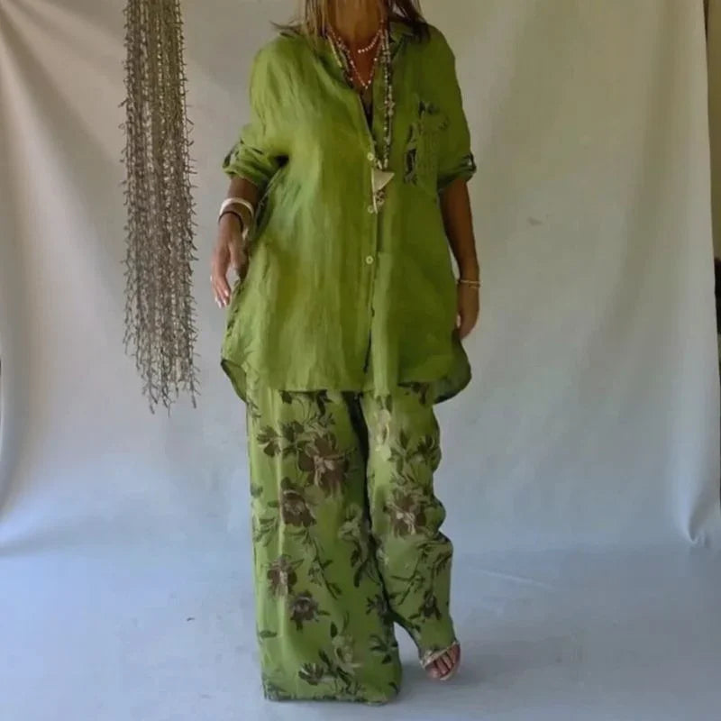 Conjunto Chloe™ de Camisa Solta + Pantalona Floral Elegante