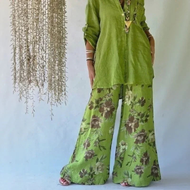 Conjunto Chloe™ de Camisa Solta + Pantalona Floral Elegante