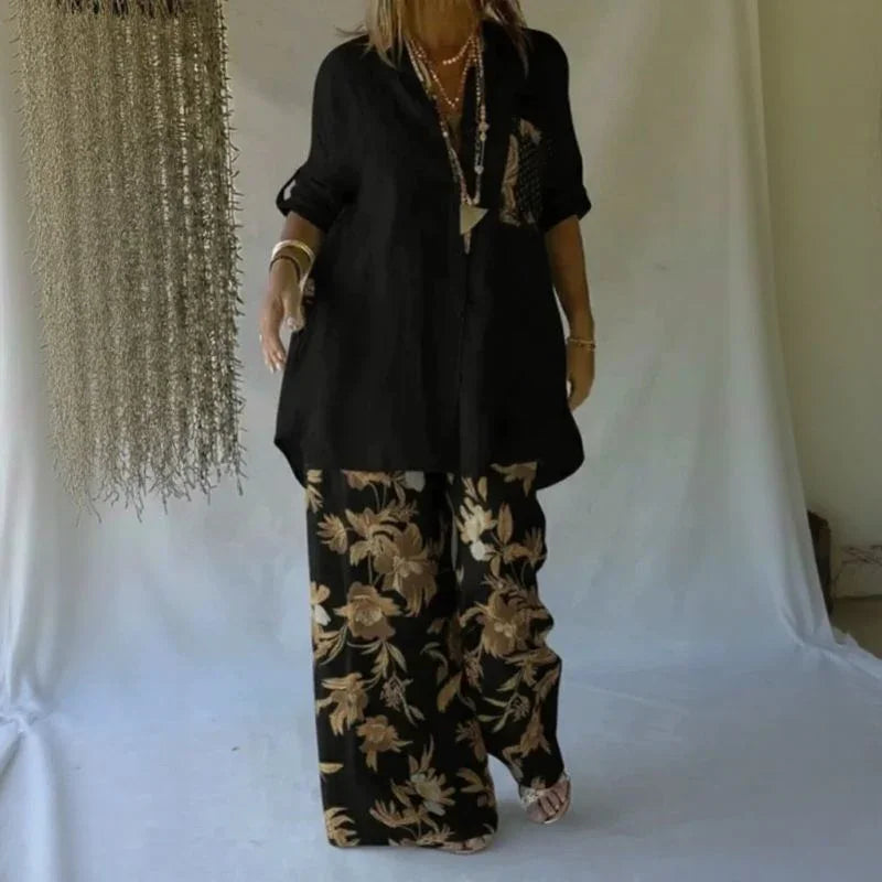 Conjunto Chloe™ de Camisa Solta + Pantalona Floral Elegante