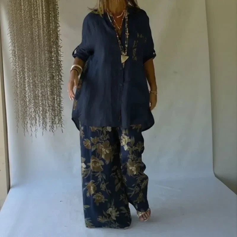 Conjunto Chloe™ de Camisa Solta + Pantalona Floral Elegante